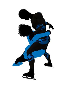 African american couple ice skating illustration silhouette on a white background