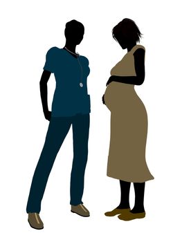 Female doctor with pregnant female patient silhouette on a white background