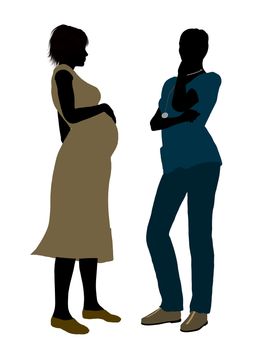 Female doctor with pregnant female patient silhouette on a white background