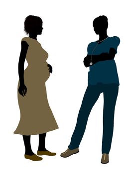 Female doctor with pregnant female patient silhouette on a white background