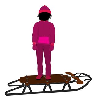 African american girl on a sled silhouette on a white background