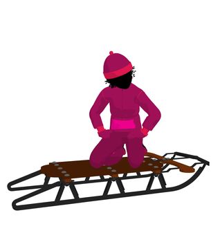 African american girl on a sled silhouette on a white background