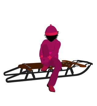 African american girl on a sled silhouette on a white background