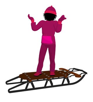 African american girl on a sled silhouette on a white background