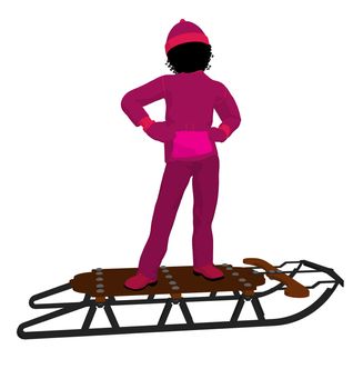 African american girl on a sled silhouette on a white background