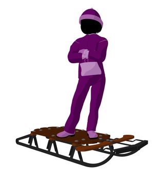 Girl on a sled silhouette on a white background