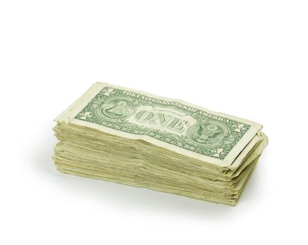 Stack of one dollar bills on a white background