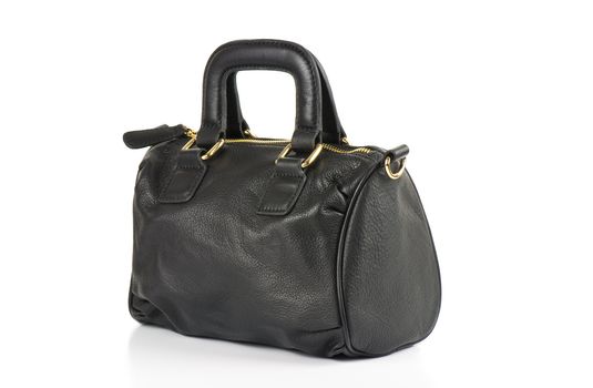 Black leather handbag on a white background