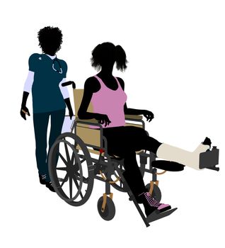 African american female doctor with injured female athlete silhouette on a white background