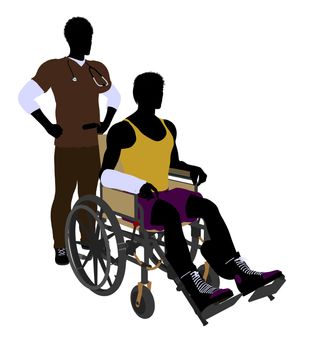 African american male doctor with injured athlete silhouette on a white background