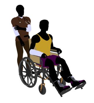 African american male doctor with injured athlete silhouette on a white background