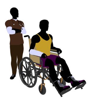 African american male doctor with injured athlete silhouette on a white background