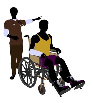 African american male doctor with injured athlete silhouette on a white background