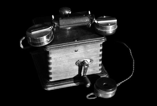 Vintage telephone, black and white photography