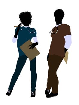African american female  and male doctor silhouette on a white background