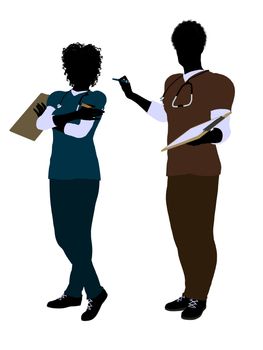 African american female  and male doctor silhouette on a white background