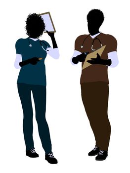 African american female  and male doctor silhouette on a white background