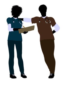 African american female  and male doctor silhouette on a white background