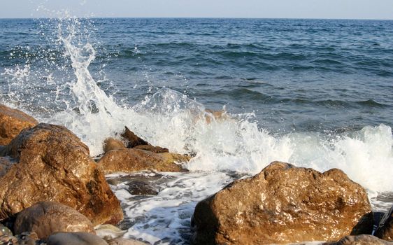 Wave, stone, boulder, splashes,  sea, horizon, rest, holiday, travel, summer