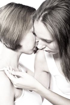 two beauty girlfriends in lingerie in the photo studio 