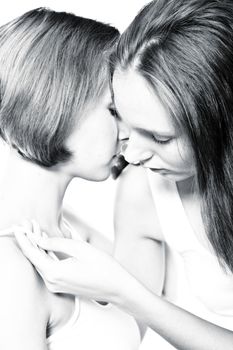 two beauty girlfriends in lingerie in the photo studio 