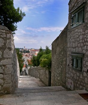 narrow pedestrian street in old town (Rovinj, Croatia)