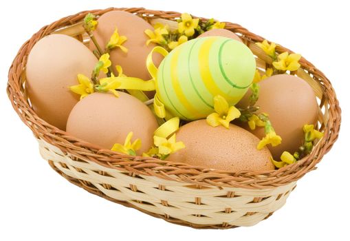 a basket of colourful easter eggs isolated on the white background