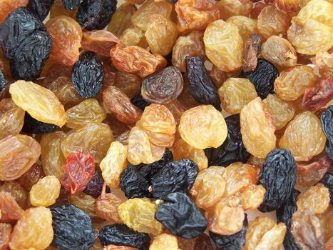 Close up of the different colored raisins.