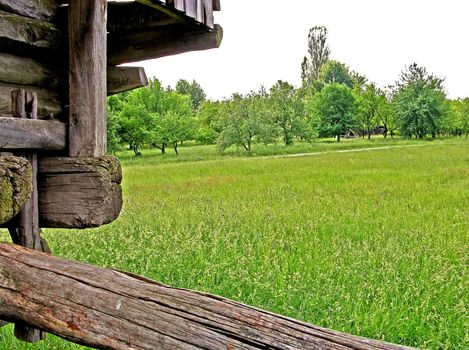 corner of ukrainian ancient  wooden mill in Pirogovo village