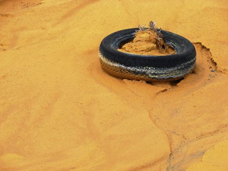 Useless tire abandoned in closed copper mine