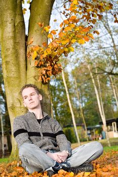 boy in autumn colors is sitting an enjoy the sun