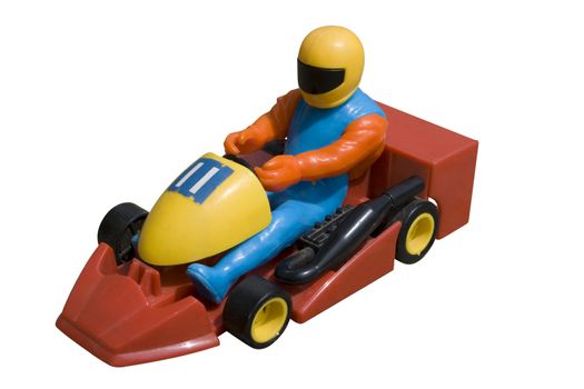 A colorful (red, blue, yellow, black, orange) plastic kid game car (gokart) from the 80's retro ages. There is a plasctic driver in the gokart wearing a yellow helmet. Isolated with white background, the clipping path included also.