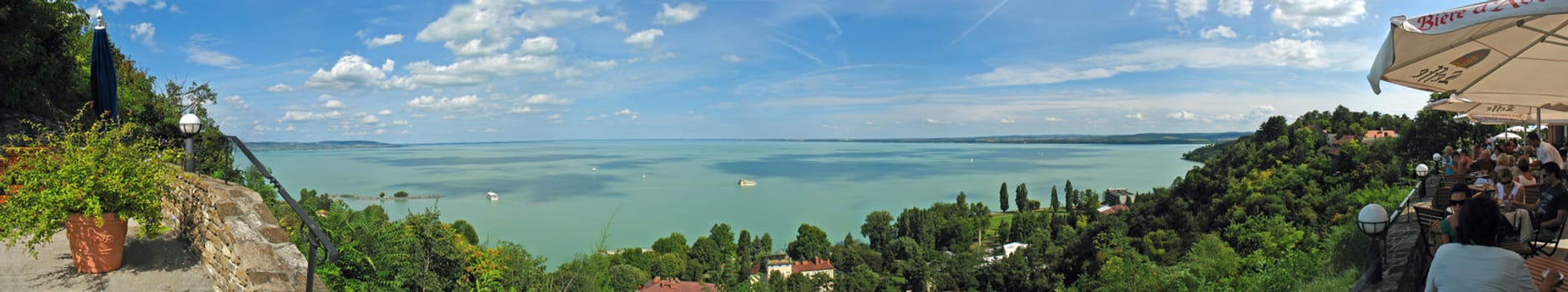 A wide panoramic wiev of lake Balaton from terrace of Tihany rege cafe.