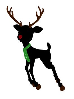 An illustration silhouette of rudolph the red nosed reindeer on a white background