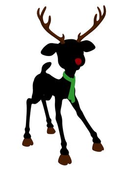 An illustration silhouette of rudolph the red nosed reindeer on a white background