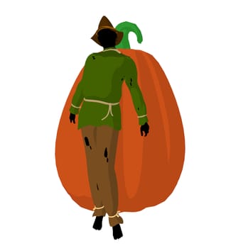 Halloween scarecrow next to a pumpkin silhouette illustration on a white background