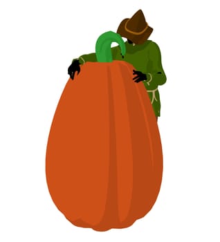 Halloween scarecrow next to a pumpkin silhouette illustration on a white background