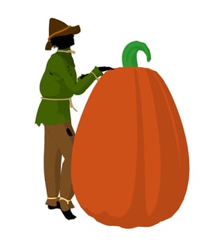 Halloween scarecrow next to a pumpkin silhouette illustration on a white background