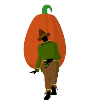 Halloween scarecrow next to a pumpkin silhouette illustration on a white background