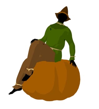 Halloween scarecrow sitting on a pumpkin silhouette illustration on a white background