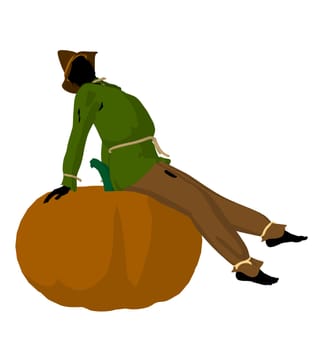 Halloween scarecrow sitting on a pumpkin silhouette illustration on a white background