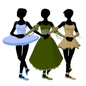 Three ballerinas holding hands on a white background