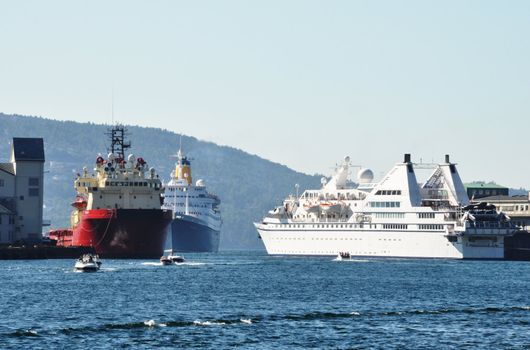 Ships in Bergen harbour in summer