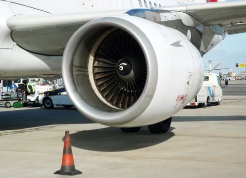 Reactor of an airplane in an airport