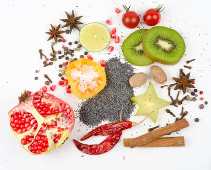Colorful spices on a white background - beautiful kitchen image.