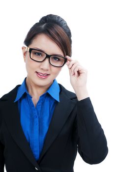 Portrait of a cute businesswoman holding eyeglasses over white background.