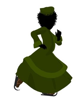 African american victorian girl on ice skates silhouette on a white background