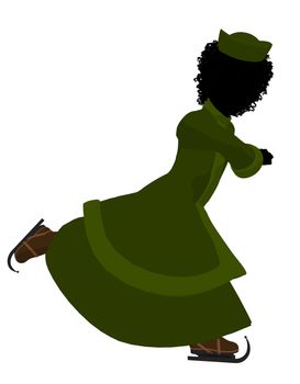 African american victorian girl on ice skates silhouette on a white background