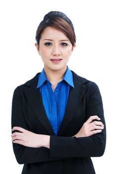 Portrait of an attractive business woman with arms crossed, isolated on white background.