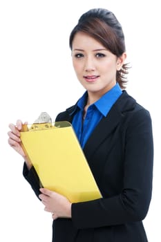 Portrait of an attractive business woman holding clipboard, isolated on white background.